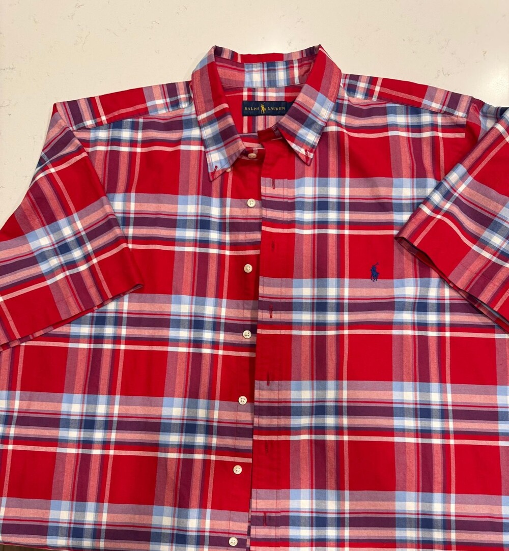 Ralph Lauren Men's 2XB Red Plaid Button Down Short Sleeve Shirt Navy Pony Oxford